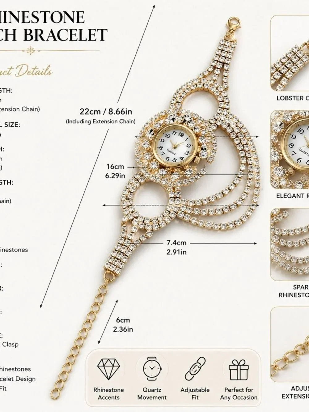 Women Gold Crystal Bracelet Watch Accessories- Battery Included